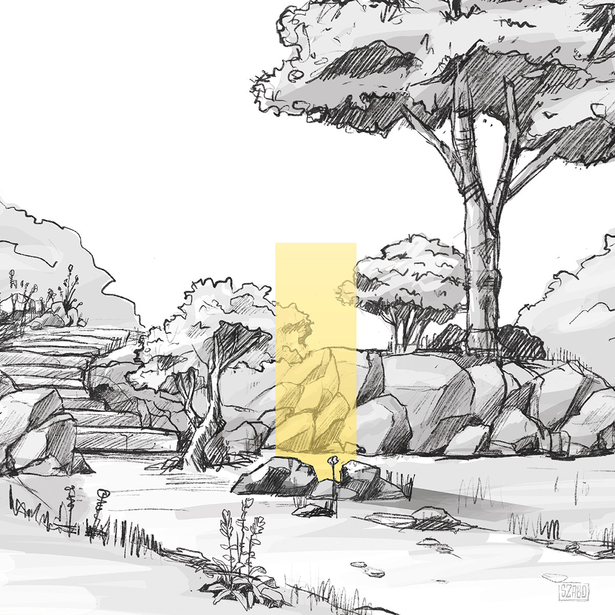 illustrative Darstellung eines  gelben KNUMOX Design-Elements für den Garten aus Glas mit der Transparenz "durchlässig" und der Breite von 60 cm.