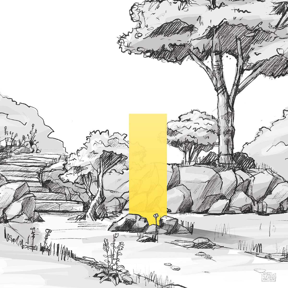 illustrative Darstellung eines  gelben KNUMOX Design-Elements für den Garten aus Glas mit der Transparenz "transluzent" und der Breite von 60 cm.