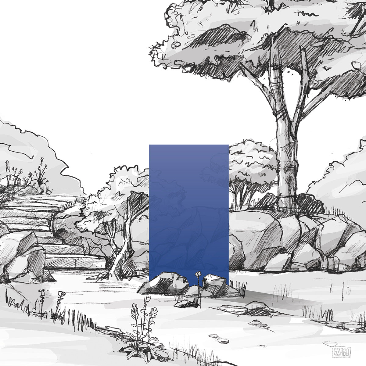 illustrative Darstellung eines blauen KNUMOX Design-Elements für den Garten aus Glas mit der Transparenz "transluzent" und der Breite von 100 cm.