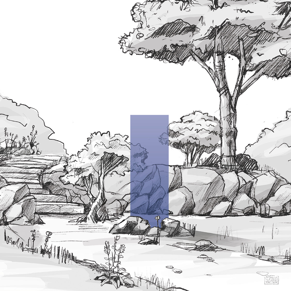 illustrative Darstellung eines blauen KNUMOX Design-Elements für den Garten aus Glas mit der Transparenz "durchlässig" und der Breite von 60 cm.