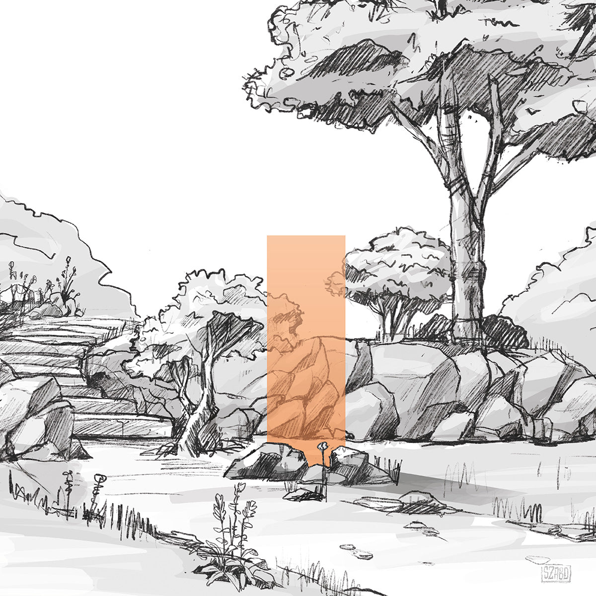 illustrative Darstellung eines orangenen KNUMOX Design-Glaslements für den Garten mit der Transparenz "durchlässig" und der Breite von 60 cm.