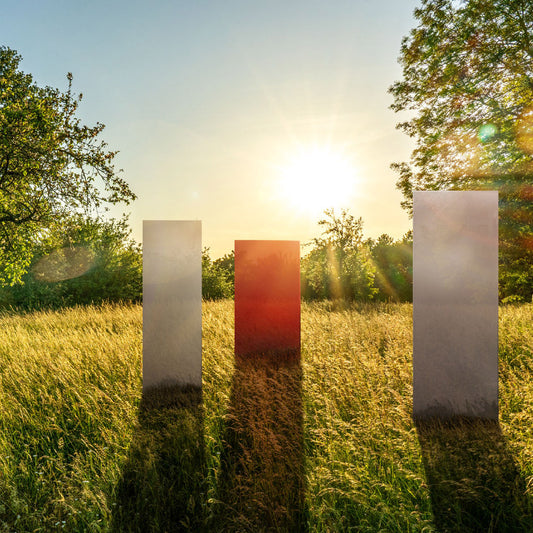 Ein rotes und zwei weiße Sichtschutzelemente der Firma KNUMOX stehen mit Licht der  Abendsonne im Hintergrund auf einer Wiese.